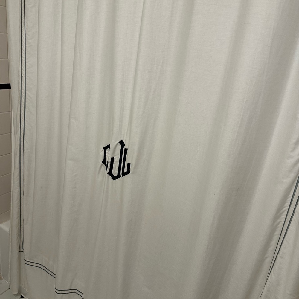 CLJ Pottery Barn White Shower Curtain with Grey Trim